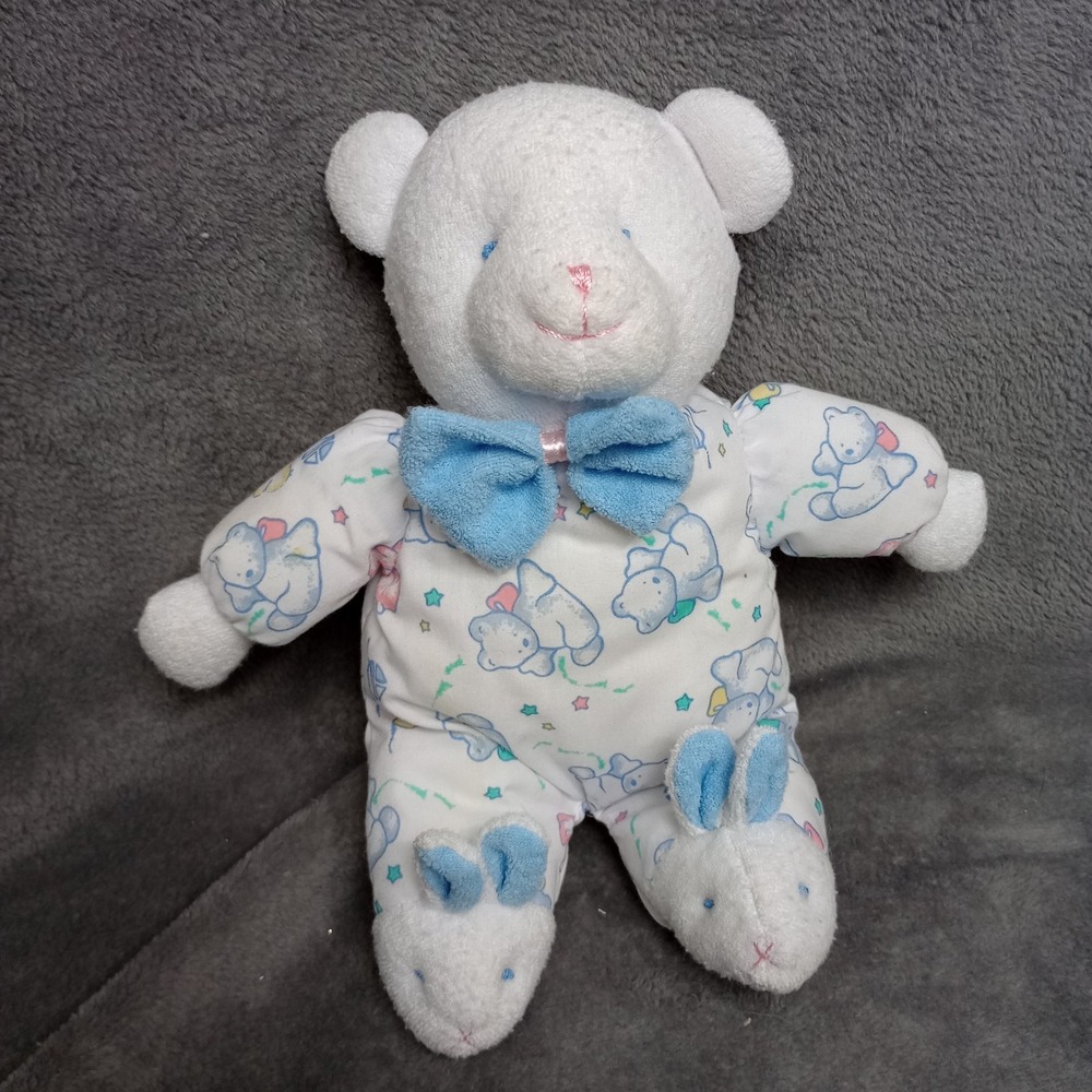JC PENNEY Terrycloth Bear Blue Bowtie‎ Bunny Slippers Blue Eyes Pink Nose Rattle